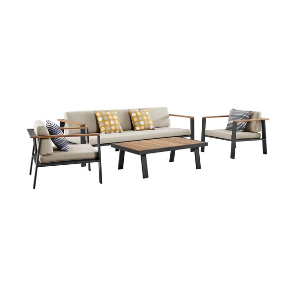 Armen Living Nofi 4 piece Outdoor Patio Set in Charcoal Finish with Taupe Cushions and Teak Wood SETODNOBE - main
